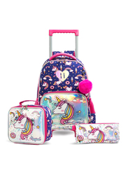 Eazy Kids 16-inch Set of 3 Unicorn Chrome Trolley School Bag Lunch Bag & Pencil Case, Blue