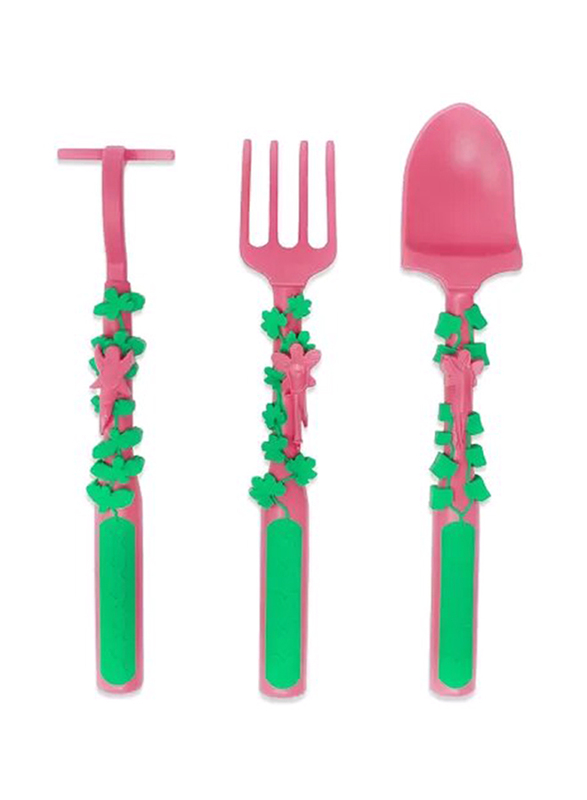 Eazy Kids 3-Piece Spoon Fork & Pusher, Gardening Pink