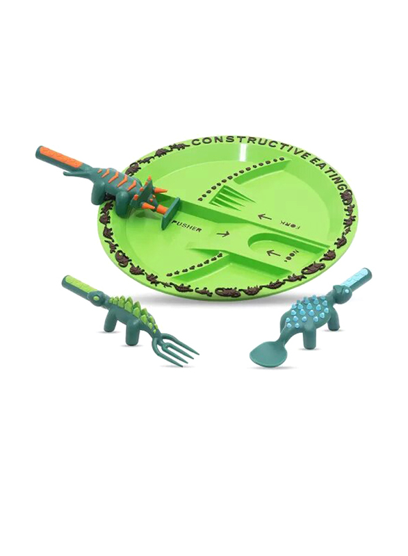 Eazy Kids Eating Plate with Spoon, Fork & Pusher, Dinosaur Green