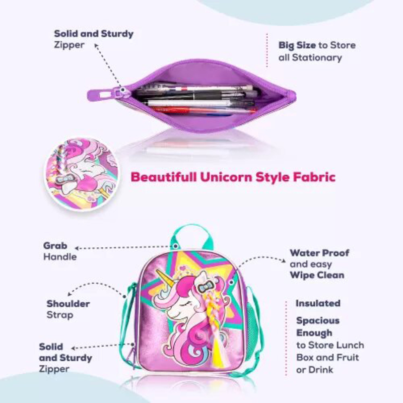 Eazy Kids 18-inch Set of 4 Unicorn School Bag Lunch Bag Activity Bag & Pencil Case, Pink