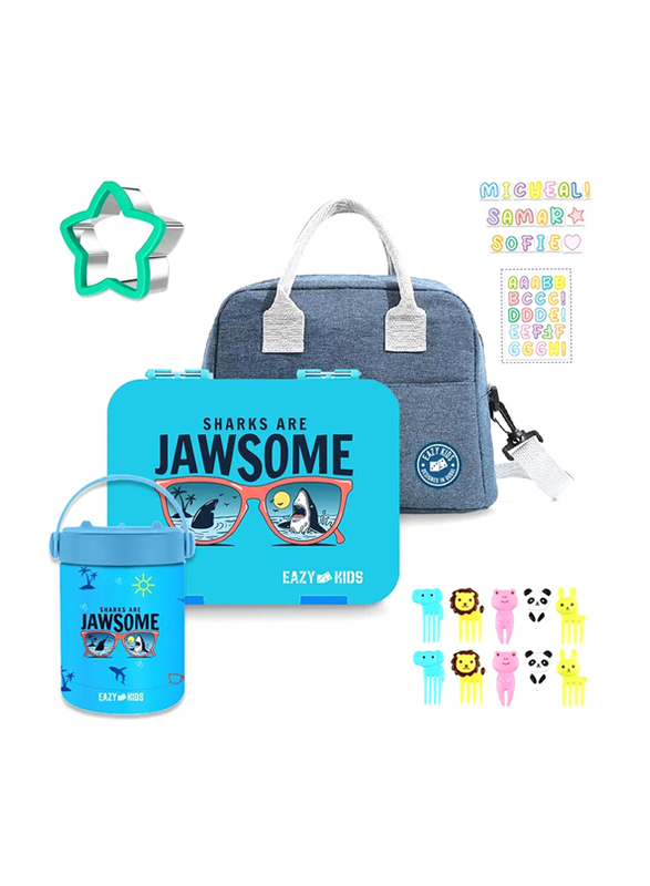 Eazy Kids Jawsome 6/4 Compartment Bento Lunch Box for Kids, with Lunch Bag & Steel Food Jar, Blue