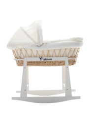 Teknum Infant Wicker Moses Basket with White Waffle Beddings & White Rocker Stand, Wooden Brown