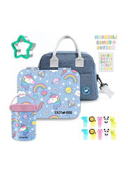 Eazy Kids Unicorn 4 Compartment Bento Lunch Box for Kids, with Lunch Bag & Steel Food Jar, Blue