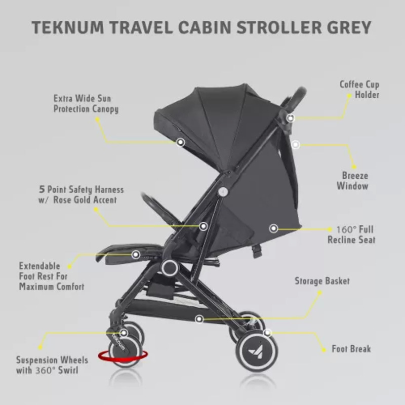 Teknum Travel Cabin Stroller with Coffee Cup Holder, Black