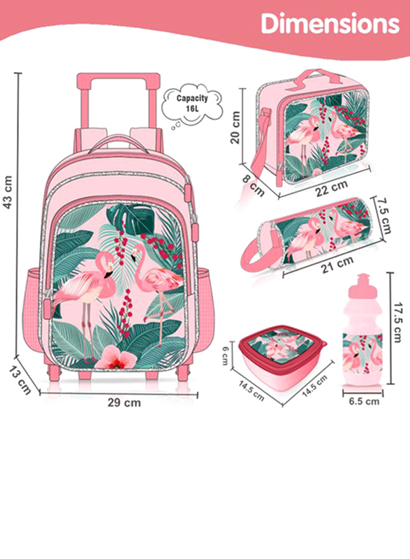 Eazy Kids 5-Piece Tropical Trolley School Bag Set, Pink