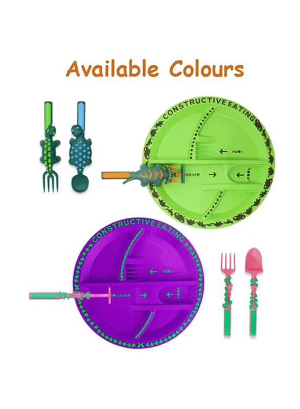 Eazy Kids Eating Plate with Spoon, Fork & Pusher, Dinosaur Green