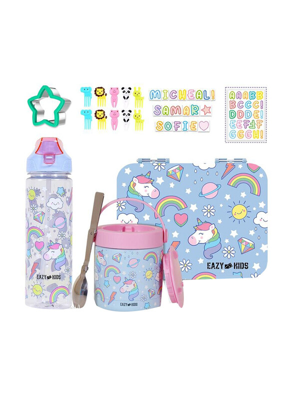 

Eazy Kids Unicorn 4 Compartment Bento Lunch Box for Kids, with 2 in 1 Tritan Water Bottle & Steel Food Jar, Blue