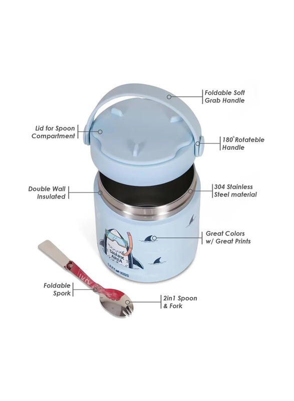 Eazy Kids Super Shark Stainless Steel Insulated Food Jar for Kids, 350ml, Blue