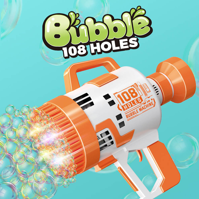 Little Story 108 Holes Bubble Machine Gun with Light and Bubble Maker for Kids, Ages 3+, Orange/White
