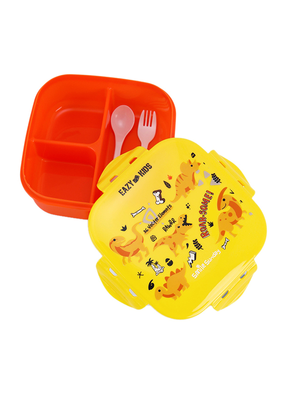 Eazy Kids Dino Square Bento Lunch Box, 1100ml, 3+ Years, Yellow