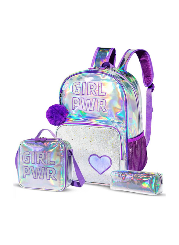 Eazy Kids 18-inch Girl Power School Bag Lunch Bag Pencil Case Set of 3, Purple