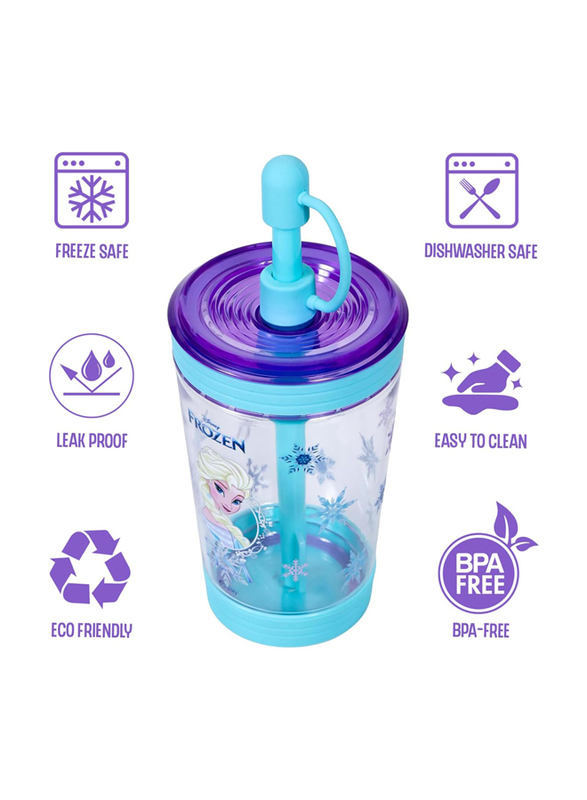 Eazy Kids Disney Frozen Princess Elsa Tritan Sipper Tumbler Water Bottle with Straw & Leash Lid for Kids, 480ml, Blue