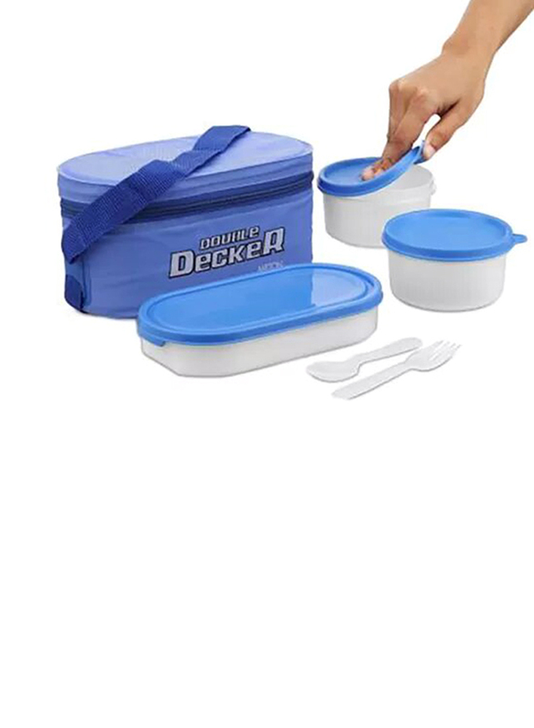 Milton Plastic Double Decker Lunch Box with 2 Round Container with Lunch Bag, Blue