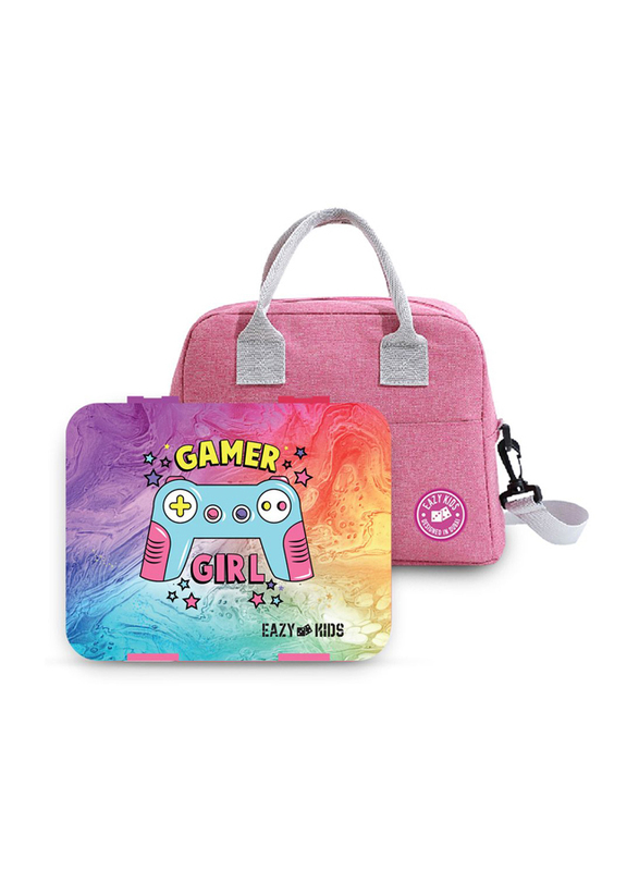 Eazy Kids Gamer Girl Bento Box with Insulated Lunch Bag & Cutter Combo Set for Kids, Multicolour