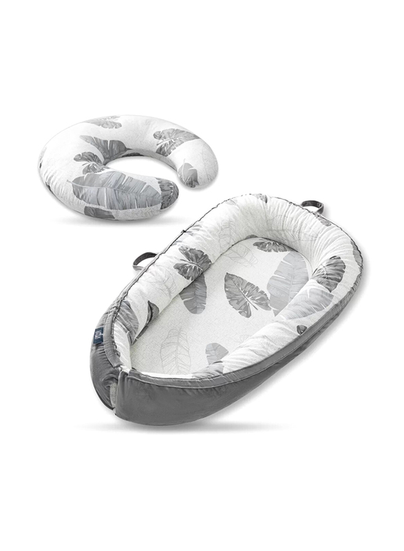 Little Story Fiberfill Lounger Bed with Baby Nursing and Feeding Pillow, Leaves, Multicolour