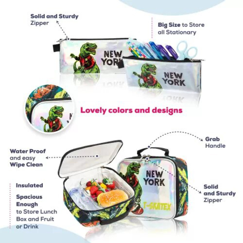 Eazy Kids 17-inch Set of 3 Dinosaur Trolley School Bag Lunch Bag & Pencil Case New York, Green
