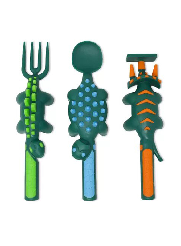 Eazy Kids 3-Piece Spoon Fork & Pusher, Dinosaur Dark Green