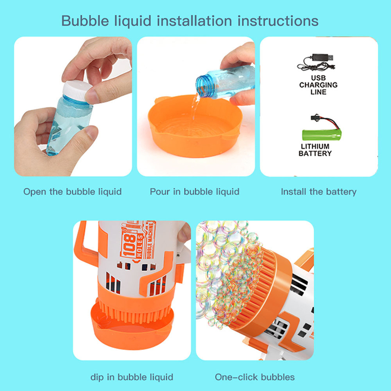 Little Story 108 Holes Bubble Machine Gun with Light and Bubble Maker for Kids, Ages 3+, Orange/White