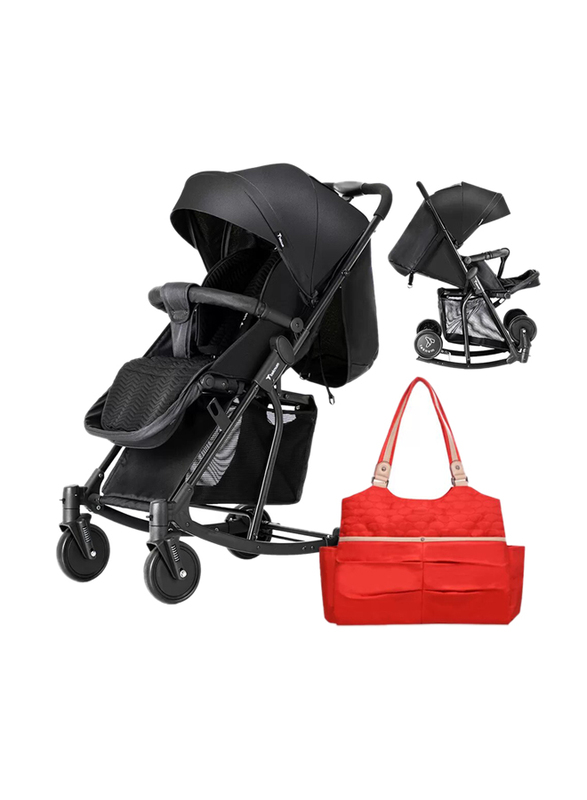 Teknum Stroller with Rocker w/ Red Diaper tote Bag- Black