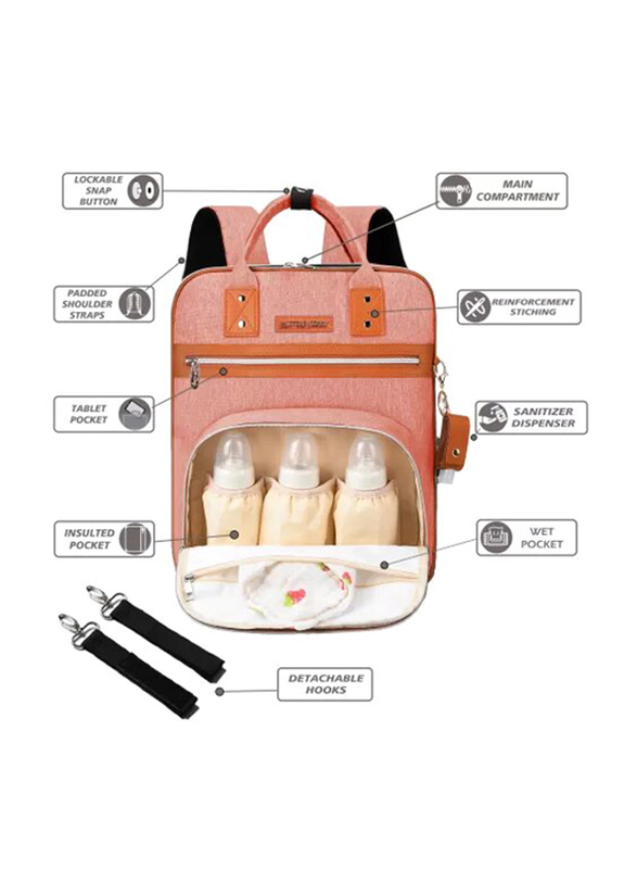 Little Story 2-in-1 Diaper Bag with Sanitizer Bottle Keychain & Stroller Hooks for Baby, Pink