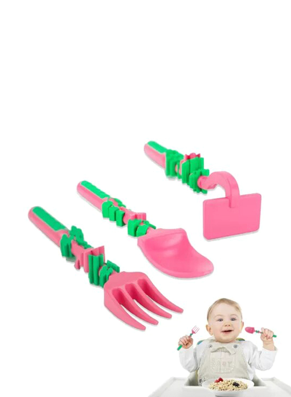 Eazy Kids 3-Piece Spoon Fork & Pusher, Gardening Pink