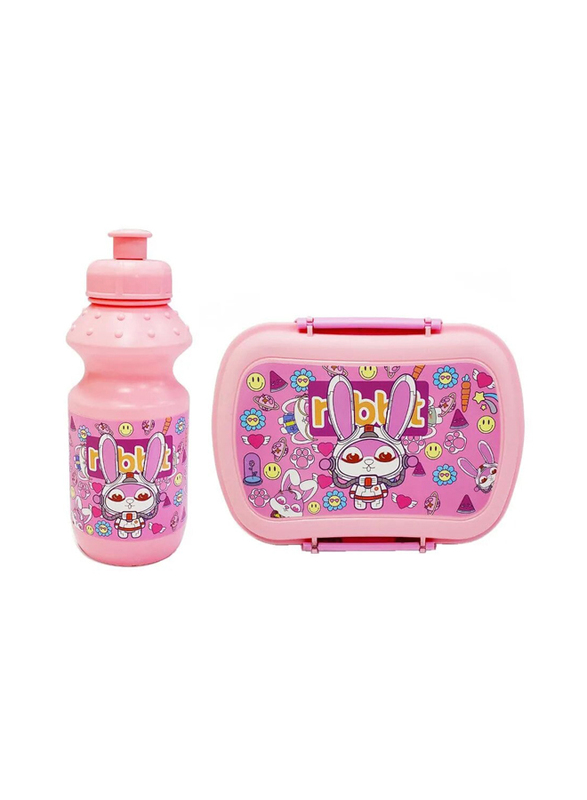 Eazy Kids Rabbit Lunch Box & Water Bottle Set for Kids, 2 Pieces, Pink