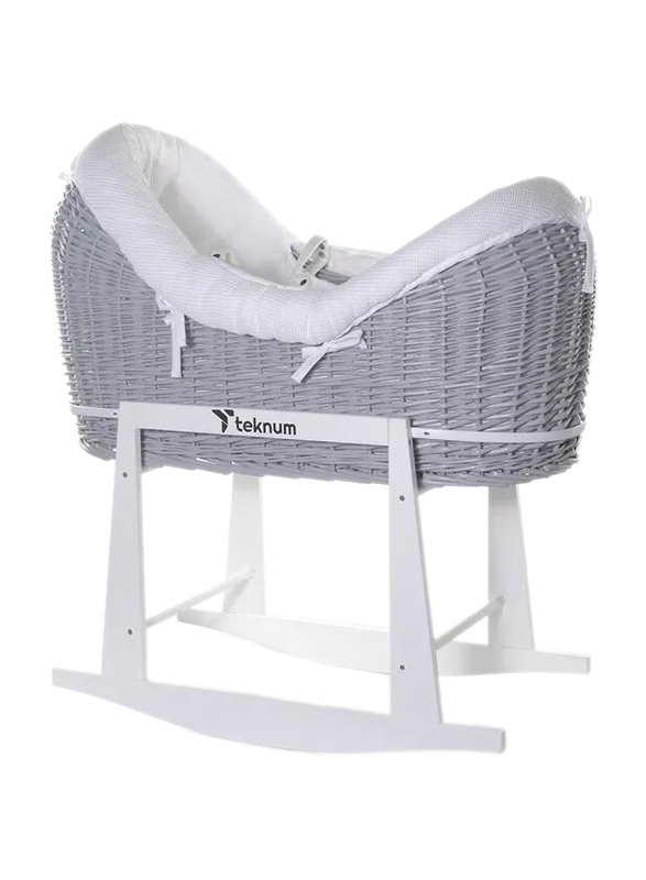 Teknum Infant Wicker Pod Moses Basket with White Waffle Beddings & White Rocker Stand, Wooden Grey