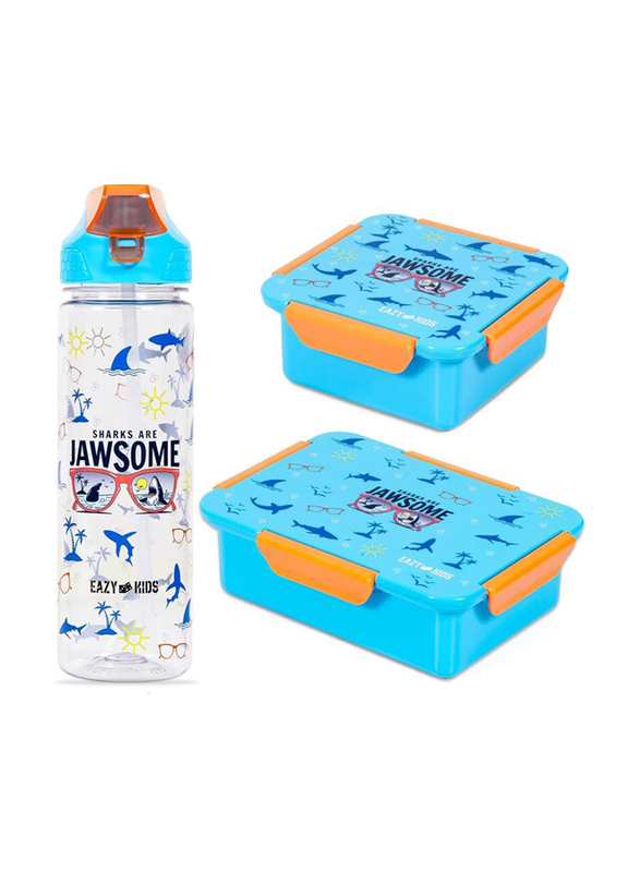 Eazy Kids Jawsome Lunch Box Set & Tritan Water Bottle for Kids, with 2-in-1 drinking Flip Lid & Sipper, Blue