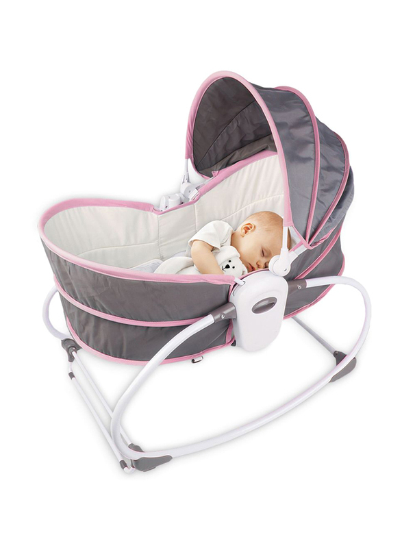 Teknum 6-in-1 Cozy Rocker Bassinet with Wheels, Awning & Mosquito Net, Pink