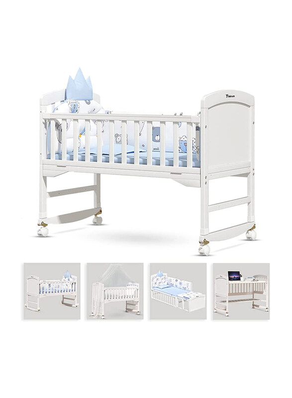 

Teknum 7-in-1 Convertible Kids Bed & Bedside Crib with Mattress/Mosquito Net and Detachable Wheels, White