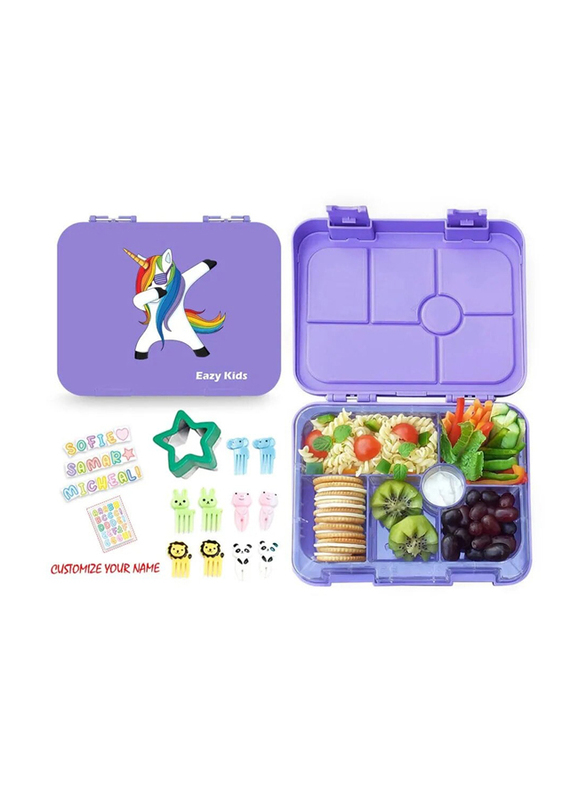 Eazy Kids Unicorn 6 Compartment Bento Lunch Box for Kids, with Lunch Bag, Purple/Grey