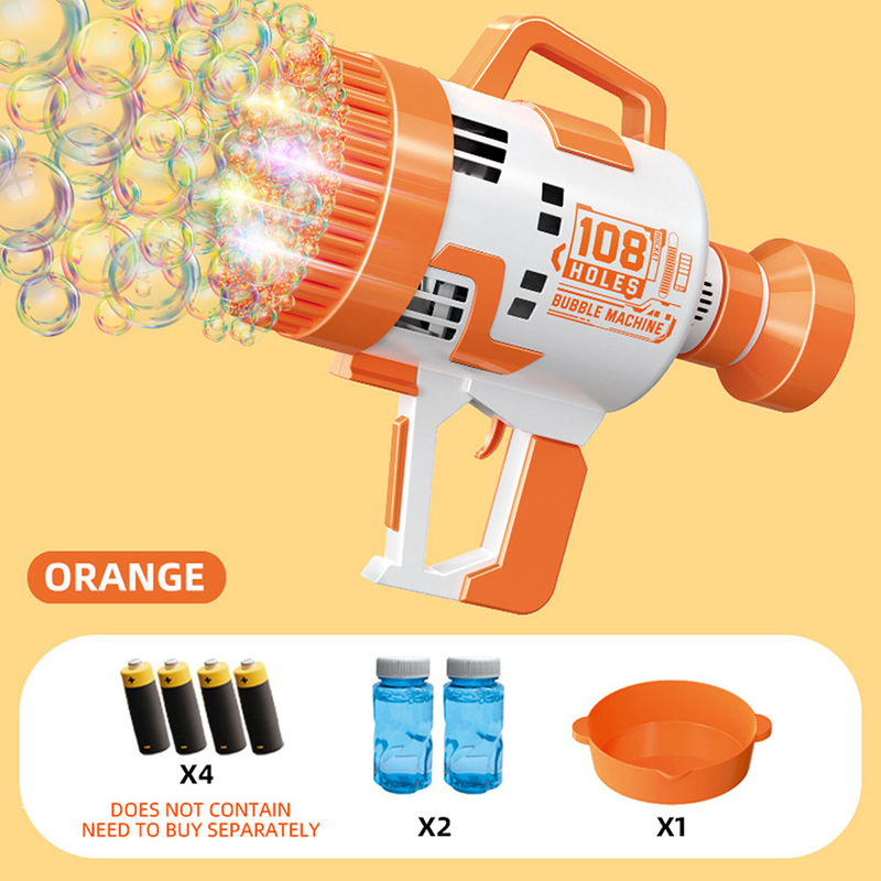 Little Story 108 Holes Battery Operated Bubble Machine Gun with Light and Bubble Maker for Kids, Ages 3+, Orange/White