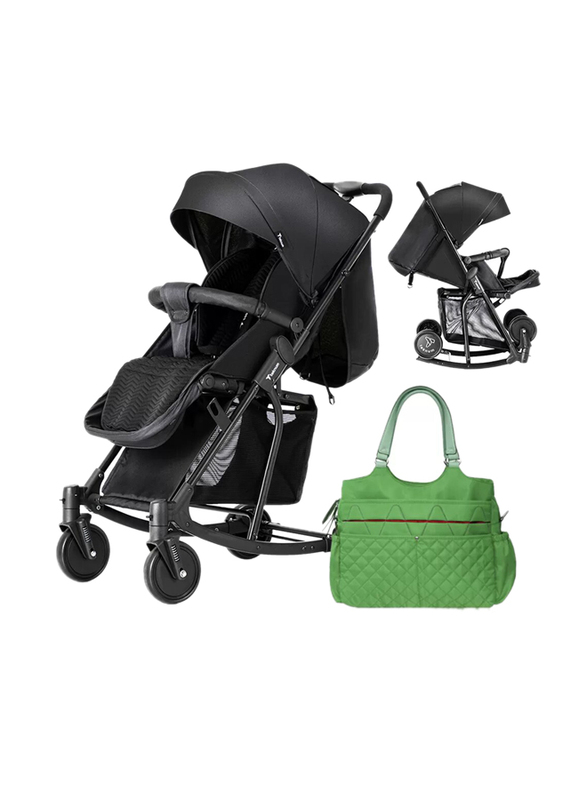 Teknum Stroller With Rocker with Green Diaper Tote Bag, Black