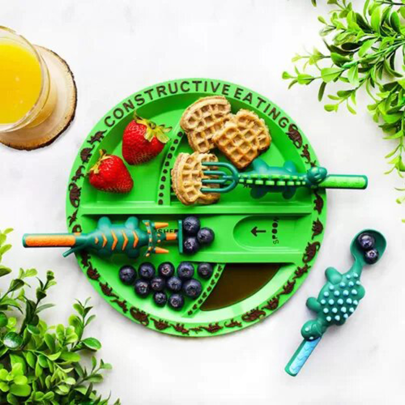 Eazy Kids Eating Plate with Spoon, Fork & Pusher, Dinosaur Green