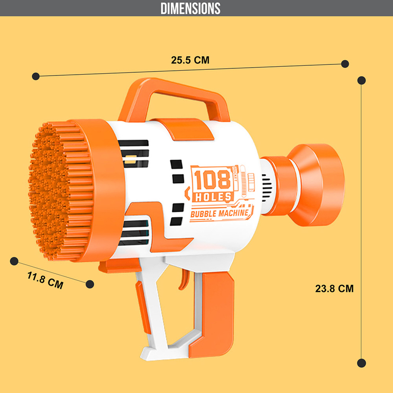 Little Story 108 Holes Battery Operated Bubble Machine Gun with Light and Bubble Maker for Kids, Ages 3+, Orange/White