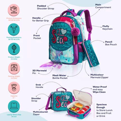 Eazy Kids 17-inch Mermaid Sea School Bag Lunch Bag Pencil Case Set of 3, Green