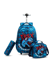 Eazy Kids 18-inch Set of 3 T-Rex Dinosaur Trolley School Bag Lunch Bag & Pencil Case, Blue