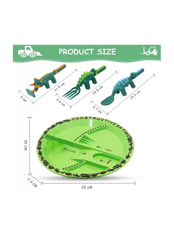 Eazy Kids Eating Plate with Spoon, Fork & Pusher, Dinosaur Green