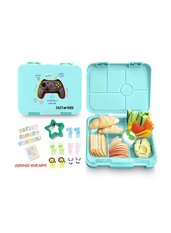 Eazy Kids PlayStation 6 Compartment Bento Lunch Box for Kids, with Lunch Bag, Green/Blue
