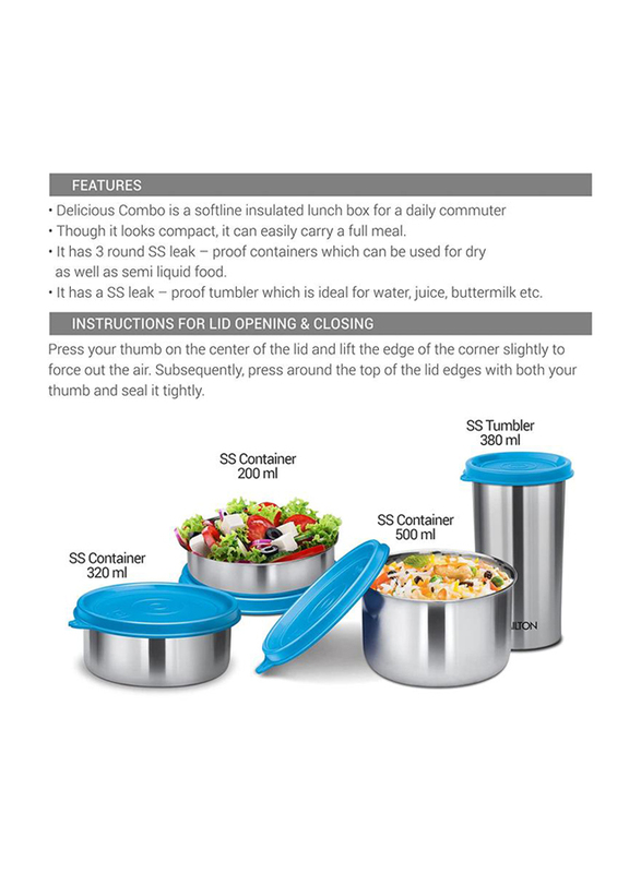 Milton Delicious Combo Stainless Steel Insulated Tiffin Set for Kids, 3 Container + 1 Tumbler, 4 Pieces, Blue