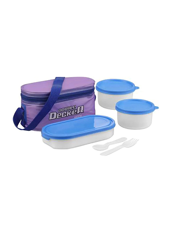 Milton Plastic Double Decker Lunch Box with 2 Round Container with Lunch Bag, Purple