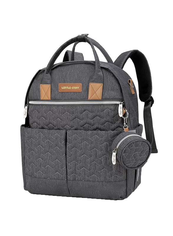 Little Story Quilted Diaper Backpack with Pacifier Bag and Stroller Hooks for Baby, Grey