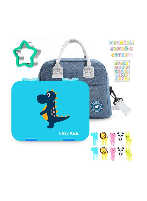 Eazy Kids Dinosaur 6/4 Compartment Bento Lunch Box for Kids, with Lunch Bag, Blue