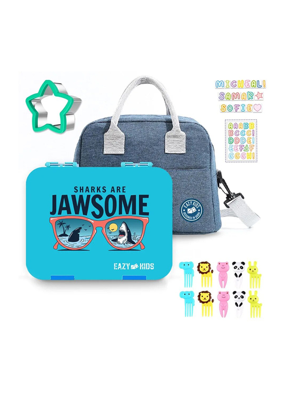 Eazy Kids Jawsome 6/4 Compartment Bento Lunch Box for Kids, with Lunch Bag, Blue