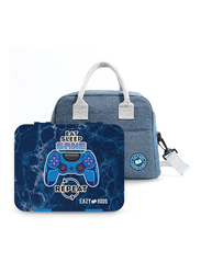 Eazy Kids Eat Sleep Game Bento Box with Insulated Lunch Bag & Cutter Combo Set for Kids, Blue