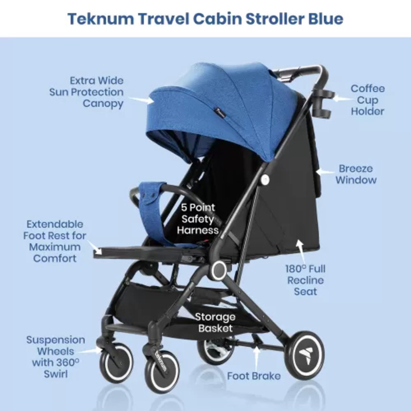 Teknum Travel Cabin Stroller with Coffee Cup Holder, Blue