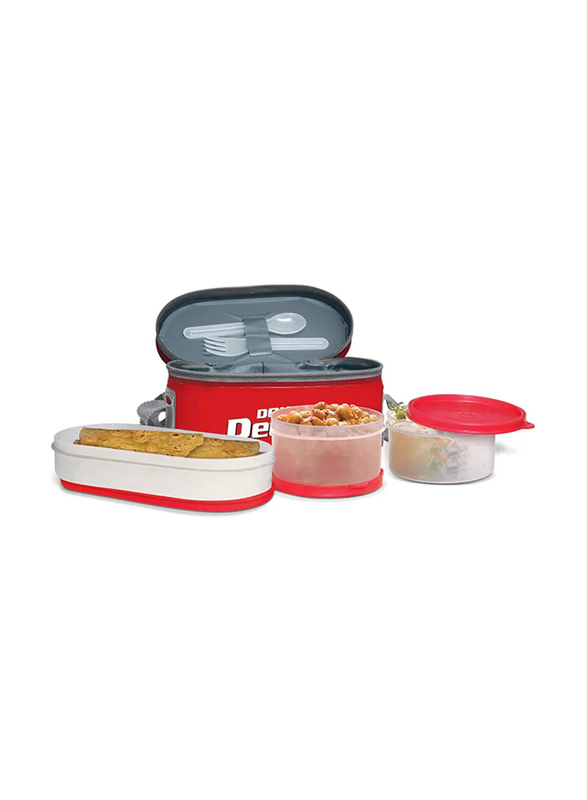 Milton Plastic Double Decker Lunch Box with 2 Round Container with Lunch Bag, Red