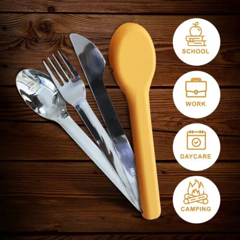 Eazy Kids Stainless Steel Spoon, Fork & Knife Cutlery Set with Silicone Case, Yellow