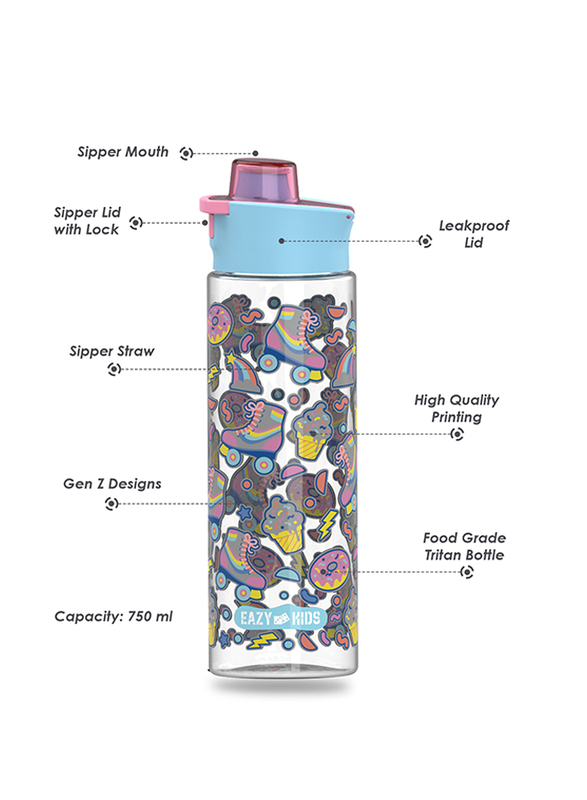 Eazy Kids Gen Z Skater Lunch Box Set And Tritan Flip Lid Water Bottle, 750ml, Blue