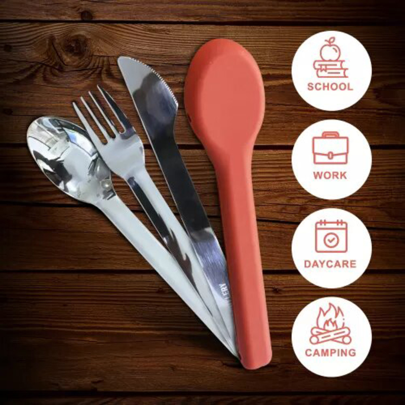 Eazy Kids Stainless Steel Spoon, Fork & Knife Cutlery Set with Silicone Case, Pink